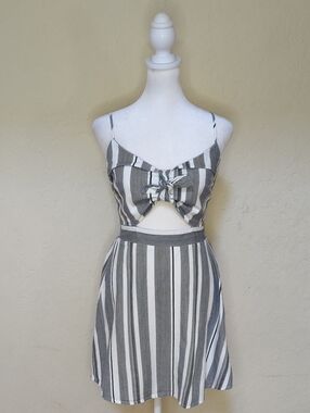 Cage Navy Striped Tie-Front Spaghetti Strap Cotton Mini Dress Size Small